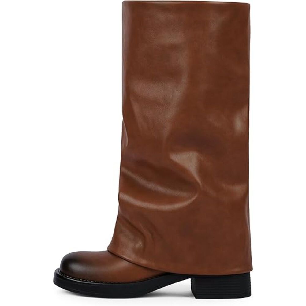 Women's Brown Rubber Sole Pointed Toe Side Zipper Chunky Heels Knee High Boots